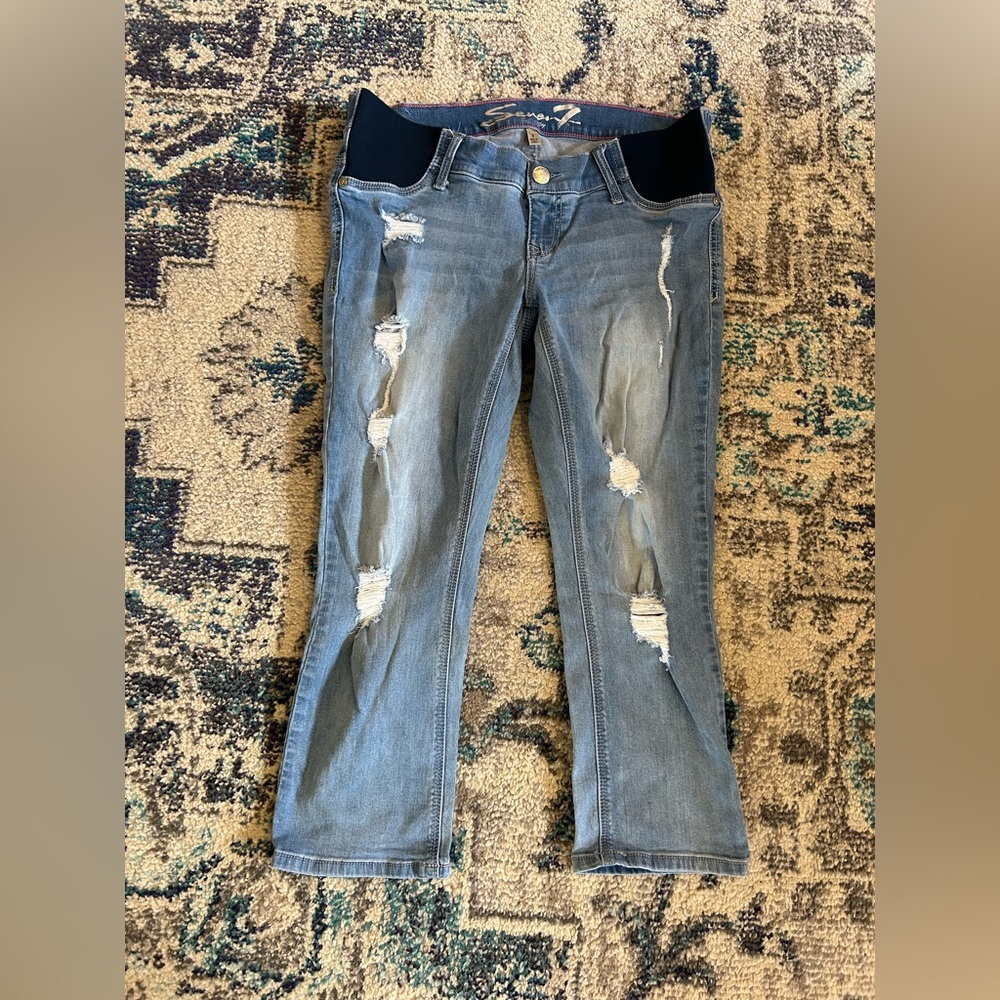 Seven7 Maternity Blue Cropped Jeans with Distressed Detailing